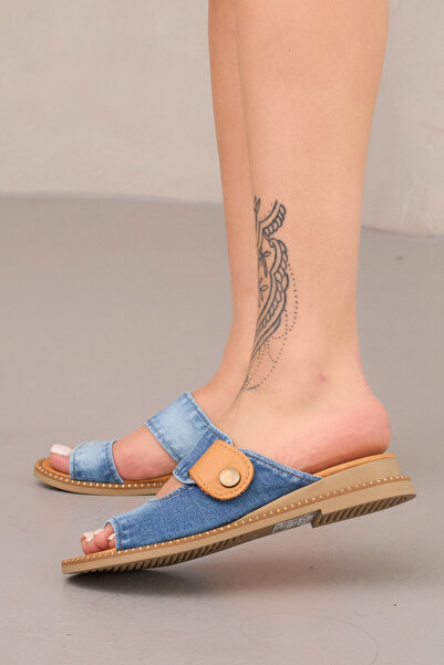 StarBlueMooN Women's Denim Slippers with Tan Leather Details