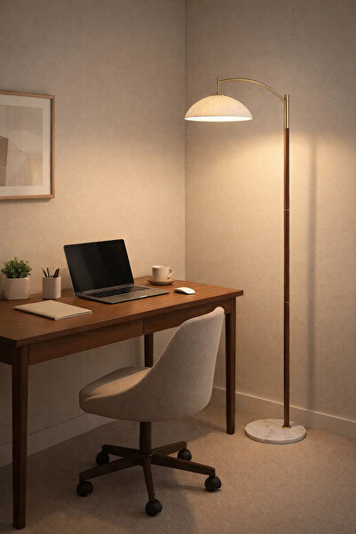 MARIA HOMES Modern Arc Floor Lamp with Marble Base and Wooden Stand for Livin...