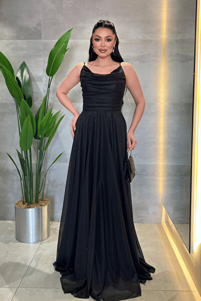 giyimmasalı Glittery Tulle Fabric Strap Evening Dress - Black