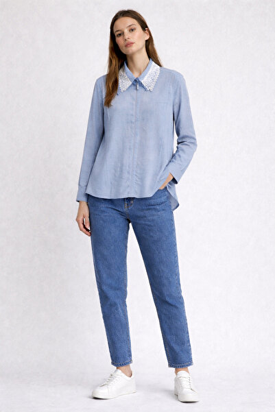 Kayra Collar Detailed Linen Lyocell Tunic Blue