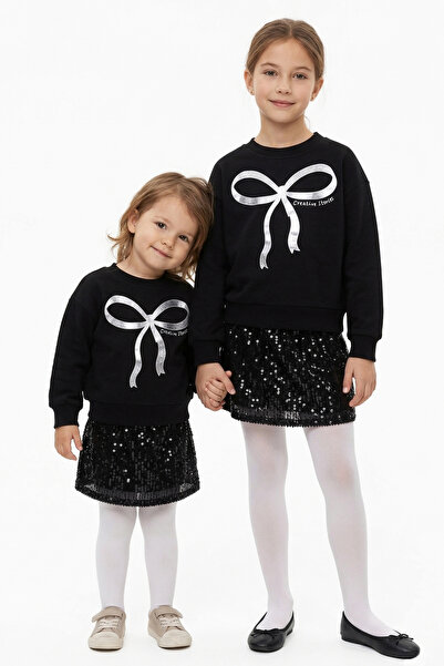 bebegen Girl's Black Shiny Bow Patterned Sequin Skirt 2-Piece Set