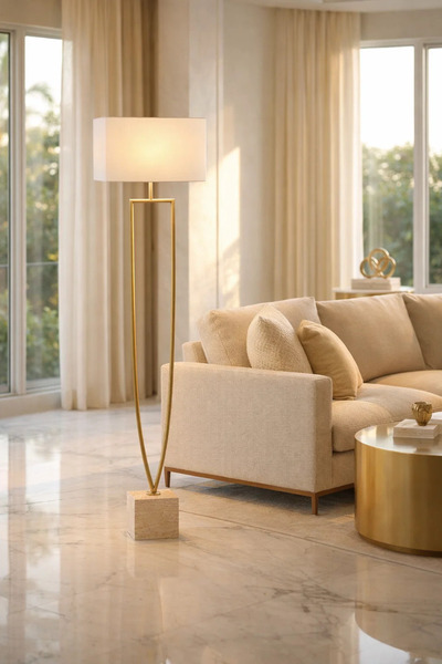MARIA HOMES Modern Gold Floor Lamp with Fabric Shade and Stone Base for Livin...