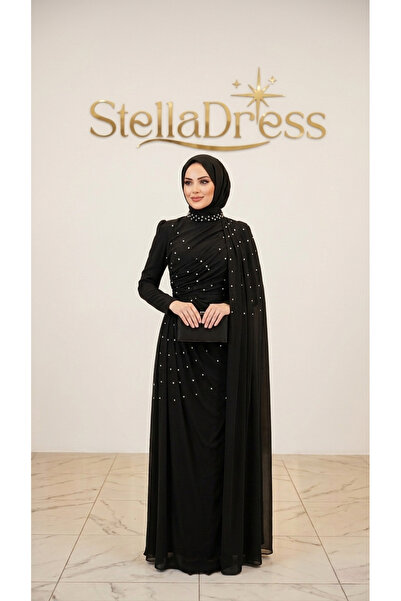 Butik Taş Detaylı Pelerinli Abiye Siyah