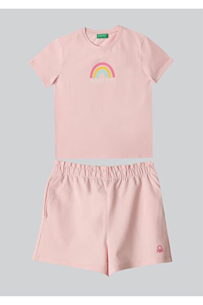 Benetton طقم شورت تي شيرت قطني مطبوع عليه قوس قزح باللون الوردي من United Col...