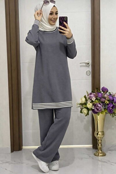 ECK MODA Women's Aerobin Linen Fabric Rib Detail Bottom Top Suit