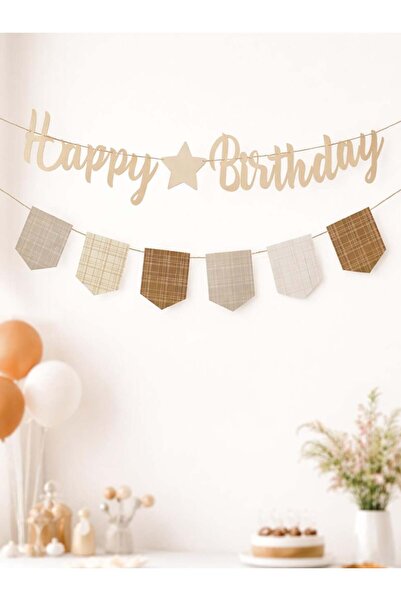 Parti Adresi Happy Birthday Kaligrafi Banner – Retro Ekose Bayraklı Doğum Gün...