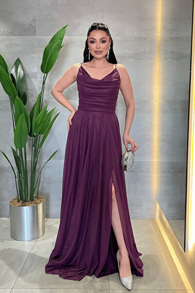 giyimmasalı Glittery Tulle Fabric Strap Evening Dress - Patlican Purple