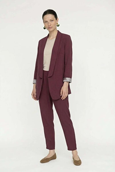 Zühre Sleeve Detailed Open-Front Jacket and Trousers Plum Set 1103