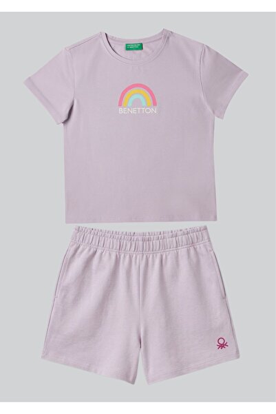 Benetton طقم تي شيرت وشورت مطبوع عليه قوس قزح باللون الأرجواني من United Colo...