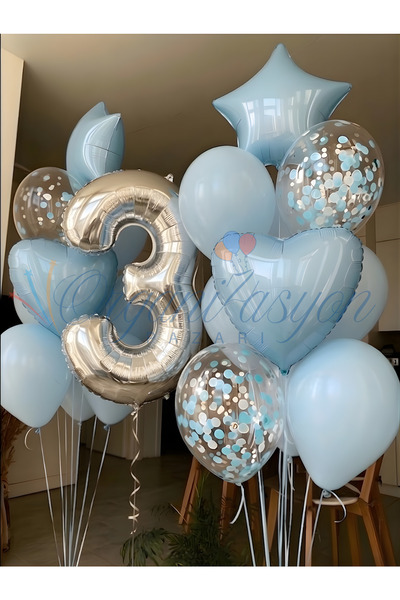 Organizasyon Pazarı Gümüş Rakam 3 Yaş Balon Seti Mavi Kalp Yıldız Konfeti Doğ...