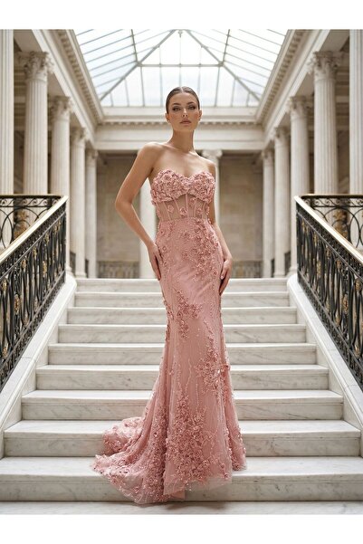 OLA Flora Üç Boyutlu Çiçek İşlemeli Balık Kesim Abiye Elbise