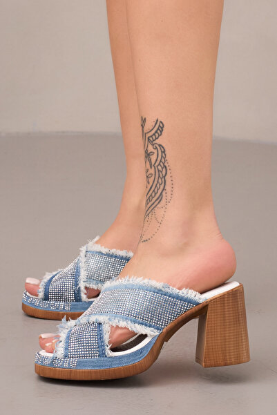 StarBlueMooN High Stone-Detail Heel Women's Denim Slippers