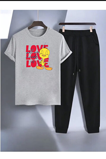 MİDAD Love Printed T-Shirt - Jogger T-Shirt Crew Neck Bottom Top Tracksuit Set