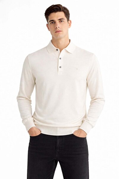 Giotelli سترة تريكو رجالية من مزيج الصوف بلون إكرو مع ياقة بولو وأزرار