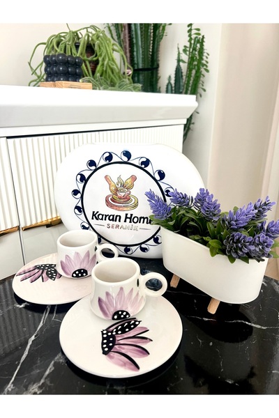 karan home seramik El yapımı çiçek desenli iki kişilik kahve fincanı takımı