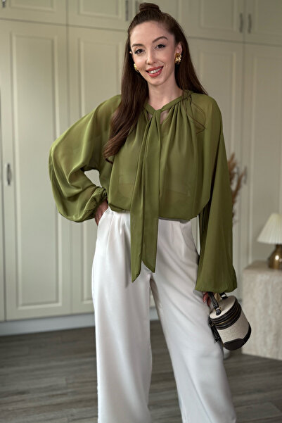 Dilay Gökoğlu Butik Chiffon Chest Tie Balloon Sleeve Elegant Transparent Blouse