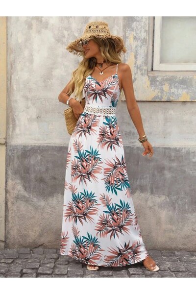 NİDAM BUTİK Women's Rope Strap V-Neck Long Jersey Dress with Lace Waist