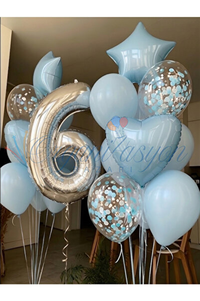 Organizasyon Pazarı Gümüş Rakam 6 Yaş Balon Seti Mavi Kalp Yıldız Konfeti Doğ...
