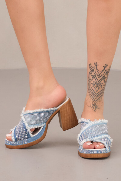 StarBlueMooN High Stone-Detail Heel Women's Denim Slippers