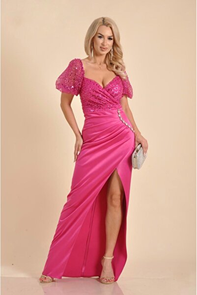 ANAIL Fashion Elegant long satin dress with sequins and opening on the leg