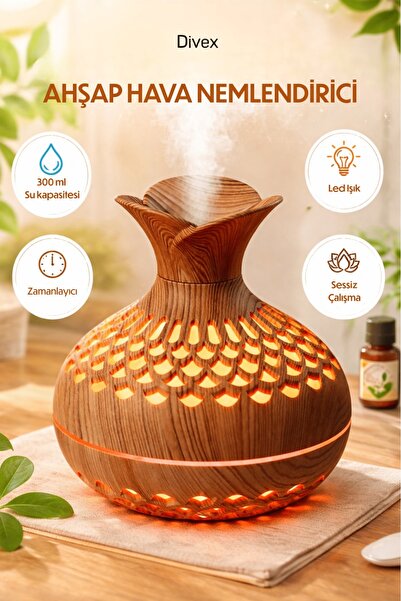 Divex Ahşap Görünümlü Ultrasonik Hava Nemlendirici - 300ml Aromaterapi Difüzö...