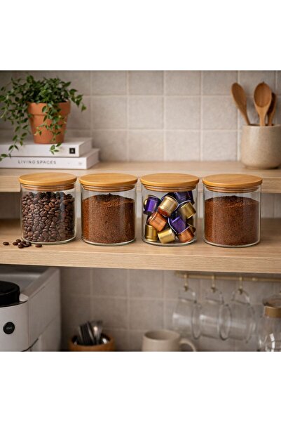 MODA OZY 4-Pack 650 ml Vacuum Coffee Jar with Wooden Lid Borosilicate Glass T...