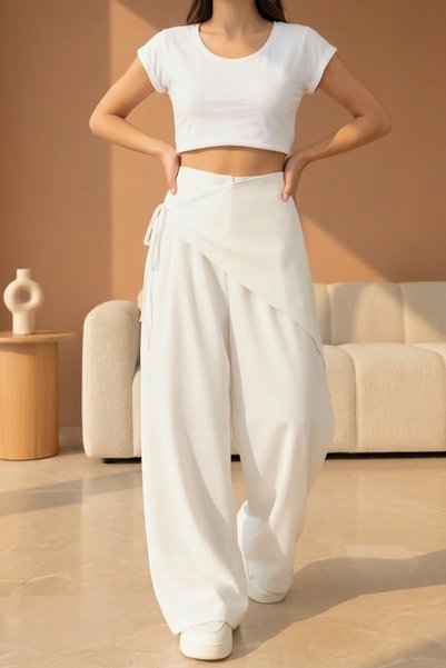 bshood X Nurbeli Women's High Waist Bohemian Asymmetrical Detailed Palazzo Pants