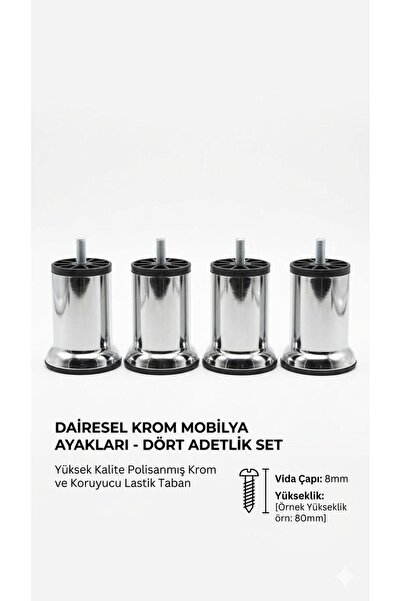 GenelTedarik 6(adet) lı 8 cm Krom Mobilya Ayağı - 8 mm (M8) Vidalı Koltuk ve ...