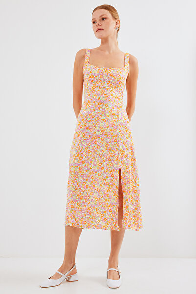 Merterium Women's Slit Strappy Viscose Dress Orange 1162