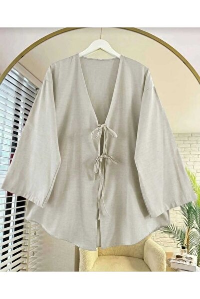 Giyim Gezegeni Tie-Front Kimono Tunic Light Stone Oversize New Season Comfort...