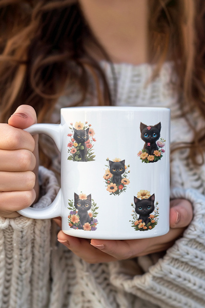 giftkonsept Cute Black Cat and Flowers Printed Gift Mug