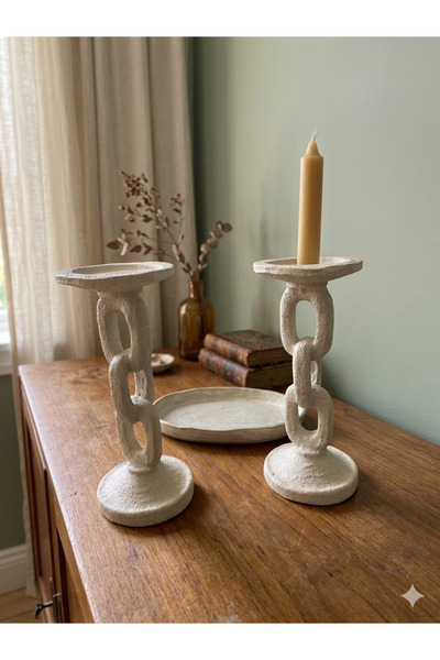 mysecrethome Bej Renk 2’li Bohem Seramik Zincir Mumluk Şamdan | 20 cm Dekorat...