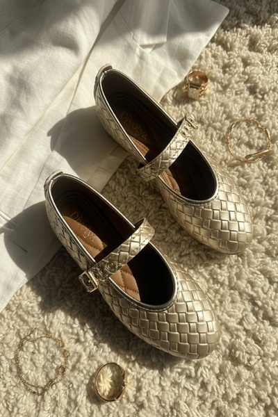 DİVOLYA Stap Braided Gold (2 cm) Oval Toe Daily Use Ballerinas