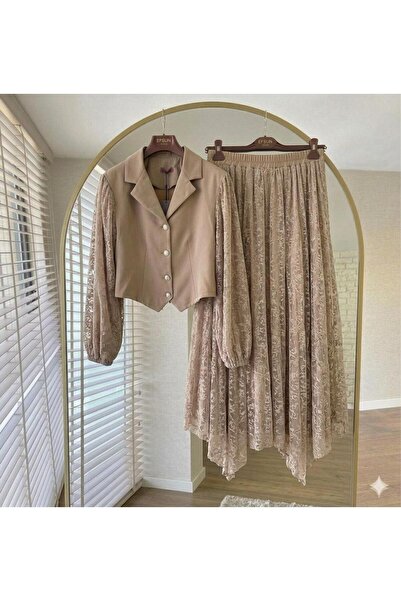 MY QILAM Women's Hijab Vest Double Set with Flock Printed Lace Detailed Skirt...