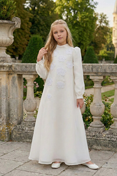Pamina 8-14 Years 3D Floral Detailed Design Dress Ecru