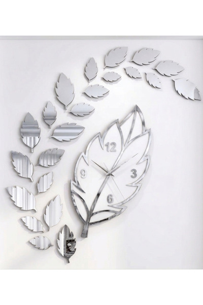 Yaprak Saat Seti Ahşap Modern Dekoratif Duvar Saati (Ahşap & Pleksi Detaylı) Beyaz Üzeri Gümüş Detay Ana Gövde 32X50 cm.