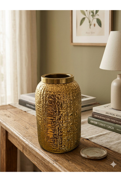 mysecrethome El Yapımı Gold Simli Vazo 30x10 cm | Lüks Dekoratif Masa & Raf A...