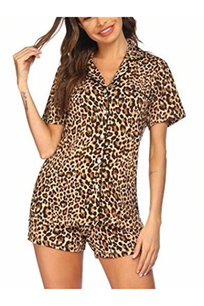 AURASTİL Women's Short Sleeve Buttoned Shorts Pajama Set Leopard Pattern