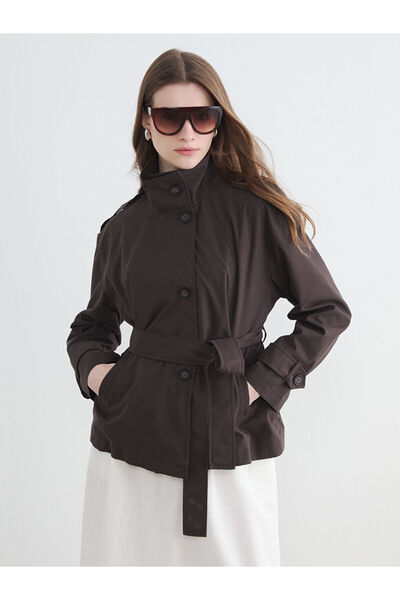 LC Waikiki Καφέ γυναικεία καμπαρντίνα με ψηλό γιακά και ζώνη