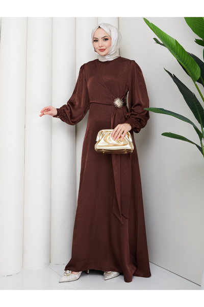 EFSUN MODA Women's Brochette-Detained Premium Jacquard Satin Fabric Tunic Dress