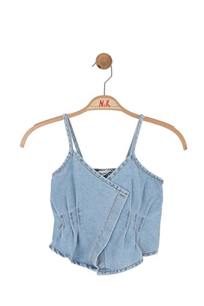 nk kids Kız Çocuk 8-14 Yaş Kruvaze Yaka İp Askılı Denim Crop Kot Mavi