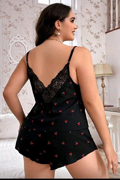 Wesby Sırt Dantelli Büyük Beden Kiraz Desenli Pijama Takım
