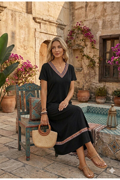 Modayakamoz New Season Women's Ethnic Pattern Stripe Detailed V-Neck Viscose ...