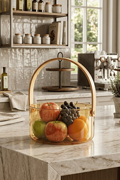 Jenisa Φορητή Ξύλινη Λαβή Κεχριμπαρένια Γυάλινη Φρουτιέρα – Καλάθι Οργάνωσης ...