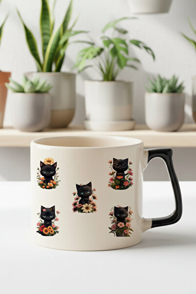 qoeuyl boutique Cute Black Cat and Flowers Printed Gift Lightweight Mug with ...
