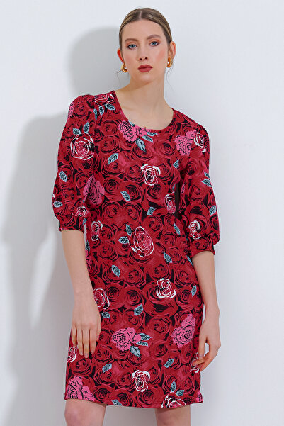 Merterium Women's Patterned Midi Dress Claret Red 1157