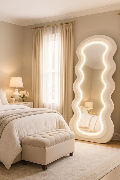 Generic Modern Wavy LED Full Length Mirror Velvet Frame Floor Standing Dressi...