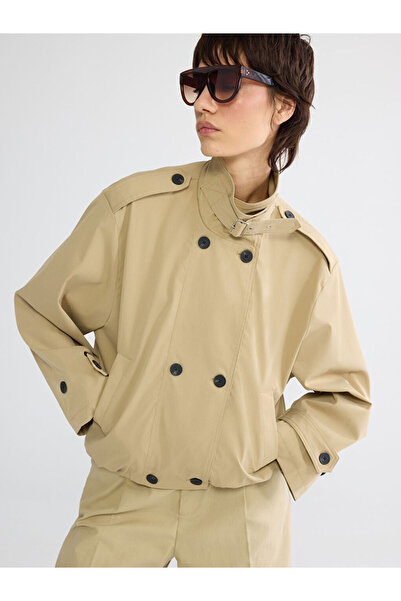 LC Waikiki Μπεζ γυναικεία καμπαρντίνα με ψηλό γιακά oversize