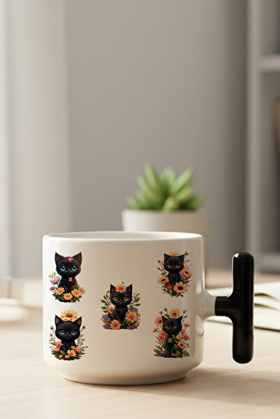 giftkonsept Cute Black Cat and Flowers Printed Gift Black T-Handle Latte Cup
