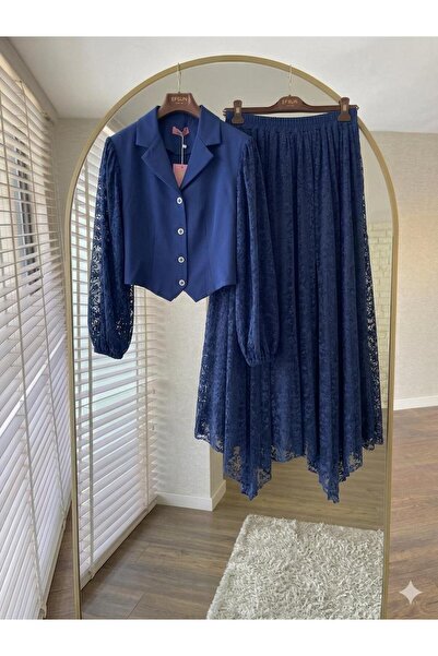 MY QILAM Women's Hijab Vest Double Set with Flock Printed Lace Detailed Skirt...